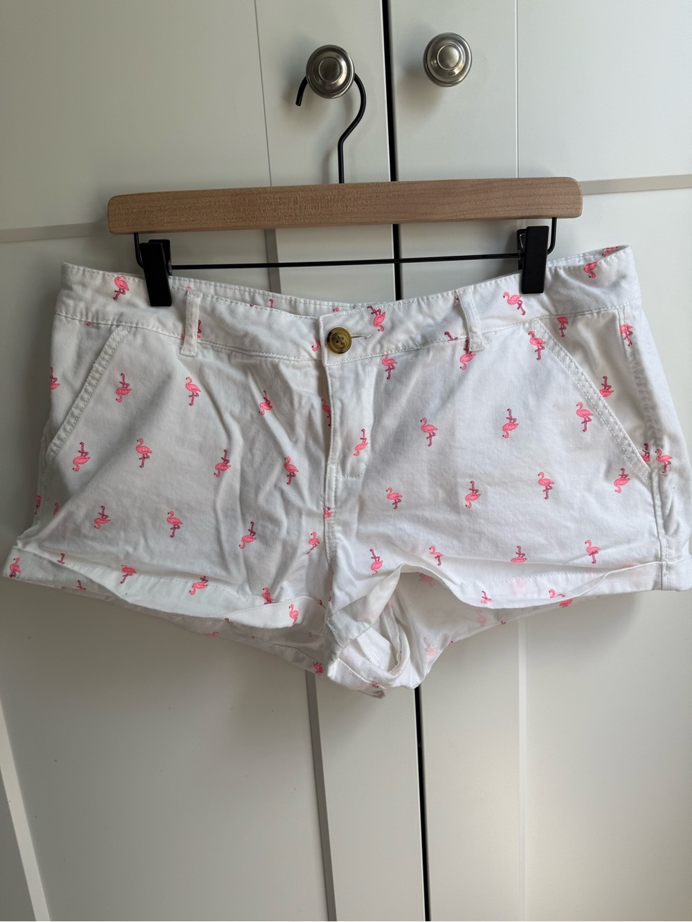 SO White Shorts with Pink Flamingo Embroidery